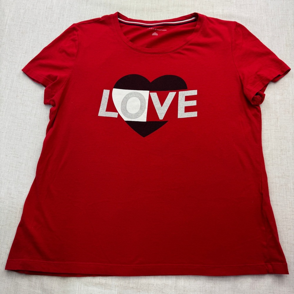 Tommy Hilfiger T-Shirt Women LG Red Heart Love Glitter Graphic Preppy Tee